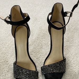 Black and silver crystal heels